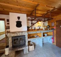 Interior of a family house with a tiled stove, wooden ceiling, and decorative shelves.