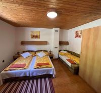 A bedroom with a wooden ceiling, three beds, and a floor with a wooden decor in a family house.