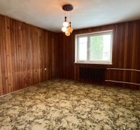 A room in a family house with wooden paneling, a window, and a patterned carpet.