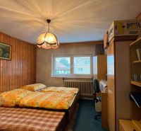Bedroom in a family house with wooden paneling, bed, and shelves.