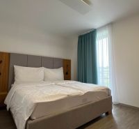 Recreational apartment with a comfortable bed, curtains, and a wooden decor floor.
