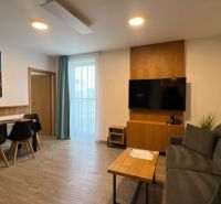 Living room in a holiday apartment with a wooden decor floor and a comfortable sofa.