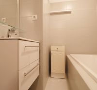 Bathroom in a 2-room apartment with a bathtub, white sink, and cabinet.