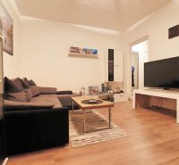 Living room in a two-room apartment with a wooden decor floor and a sofa.