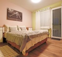 Bedroom in a two-room apartment with a bed, a painting, and a wooden decor floor.