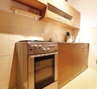 A kitchen in a 2-room apartment with a gas stove and wooden decor on the cabinets.