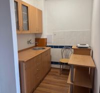 Compact kitchen in a 2-room apartment with light furniture and a wooden decor floor.