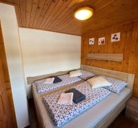 A room in a hotel or guesthouse with a wooden ceiling and a double bed.