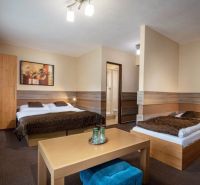 A room in a guesthouse with a double bed, a single bed, and a table.