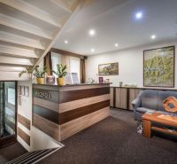 Reception with a sofa and a map, hotels and guesthouses, floor with wooden decor.