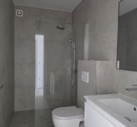 A bathroom with a shower, a sink, and a toilet in a 4-room apartment.