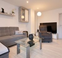 Living room in a family house with a wooden decor floor and a sofa.