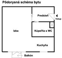 Floor plan of a 1-room apartment with a hallway, room, kitchen, bathroom, and balcony.