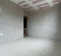 Unfinished room in a family house with a view of plastered walls and ceiling.