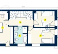 Attic floor plan of a family house with a hallway, three bedrooms, and a bathroom.