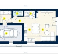 Ground floor plan of a family house in Andovce with a garage, living room, and kitchen.