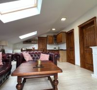 A stylish living room in hotels and guesthouses with a wooden decor floor.