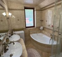 A bathroom in a villa with a bathtub, shower, and double sink.