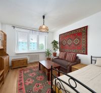 Living room in a two-room apartment with a wooden decor floor, oriental carpet, and furniture.
