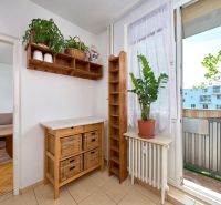 Interior of a 2-room apartment with wooden decor, plants, and access to a balcony.