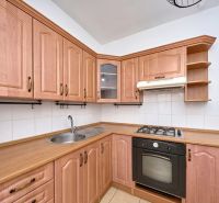 Corner kitchen with wooden cabinets, stovetop, and extractor hood in a two-room apartment.