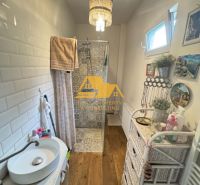 A bathroom with a wooden decor floor, a shower, and a sink, Family house.