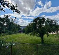 A garden with fruit trees near a family house in Horné Obdokovce under a blue sky.
