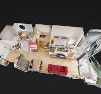 3D floor plan of a 2-room apartment with furnishings and wooden decor flooring.
