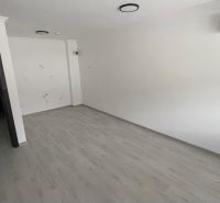 Interior of a 2-room apartment with white walls and a floor with a wooden decor.