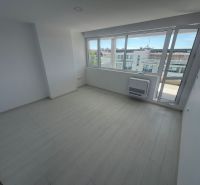 A bright room in a 2-bedroom apartment with wood-patterned flooring and large windows.