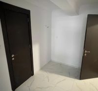 Interior of a 2-room apartment with white walls and doors in a dark shade.