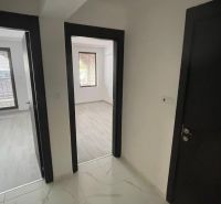 Interior of a 2-room apartment with light floors and dark doors.