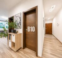 Interior of a 3-room apartment with wood-patterned flooring and decorations.