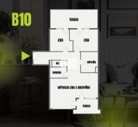 Floor plan of a 3-room apartment with two terraces, a living room, a kitchen, and a bathroom.