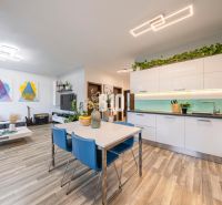 A kitchen in a 3-room apartment with a wooden decor floor, light furniture, and houseplants.