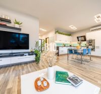 Living area with kitchen, wooden decor flooring, and modern furniture in a 3-room apartment.