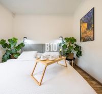 A bright bedroom in a 3-room apartment with a bed, plants, and paintings on the wall.