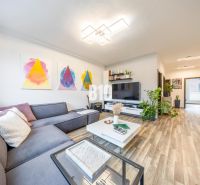 Living room in a 3-room apartment with a comfortable sofa, TV, and wooden decor flooring.