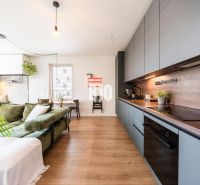A kitchen in a 3-room apartment with a sofa and wooden decor flooring.