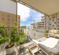 The balcony of a 3-room apartment on Jána Langoša Street in Bratislava IV with a view and plants.