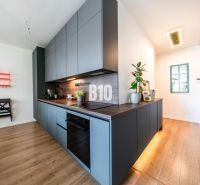 A kitchen unit in a 3-room apartment with a wooden decor floor and plants.