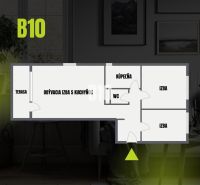 Floor plan of a 3-room apartment with a terrace, living room, kitchen, bathroom, and toilet.