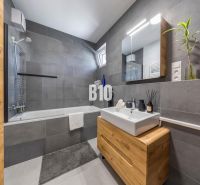 A bathroom with gray tiles and a wooden decor floor in a 3-room apartment.