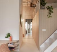 A minimalist interior of a 2-room apartment with white stairs and plants.