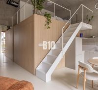 A duplex in a 2-room apartment with a wooden decor floor and a staircase.