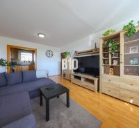 Living room with wood-patterned flooring, a sofa, and a TV stand in a three-room apartment.