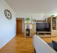 Living room in a 3-room apartment with a wooden decor floor and furniture.