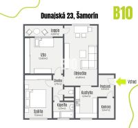 The floor plan of a 3-room apartment on Dunajská Street in Šamorín with an entrance and a loggia.
