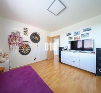 A room in a 3-room apartment with a wood-patterned floor, a target, and trophies.