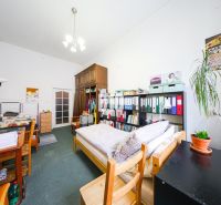 Room with a bed, shelves with documents, a desk, and a plant in a two-room apartment.